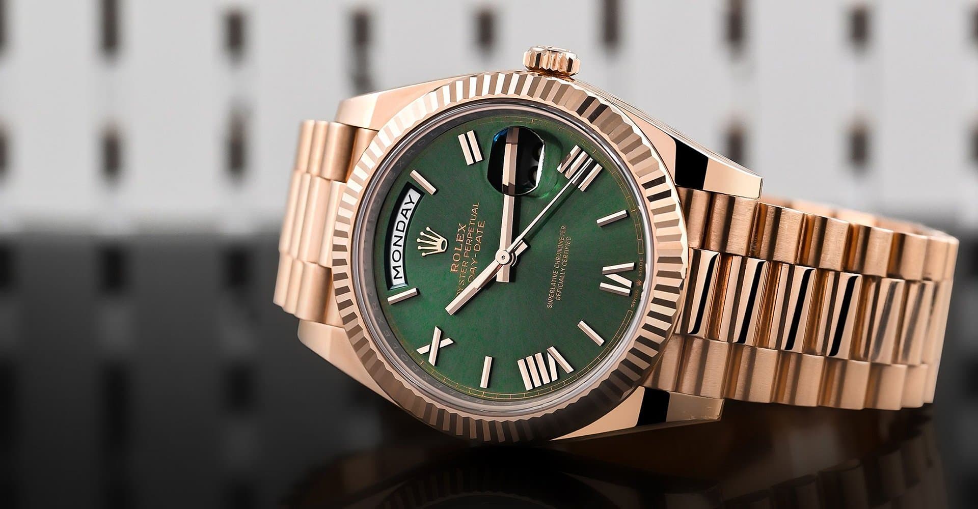 Rolex Day-Date 40, green dial, Everose gold